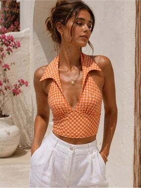 Vintage Canadian Made Orange Gingham Halter Crop Top Picniccore Coquette